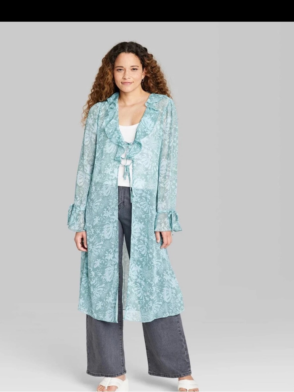 Women's Ruffle Duster Jacket - Aqua Green Floral WILD FABLE NWT